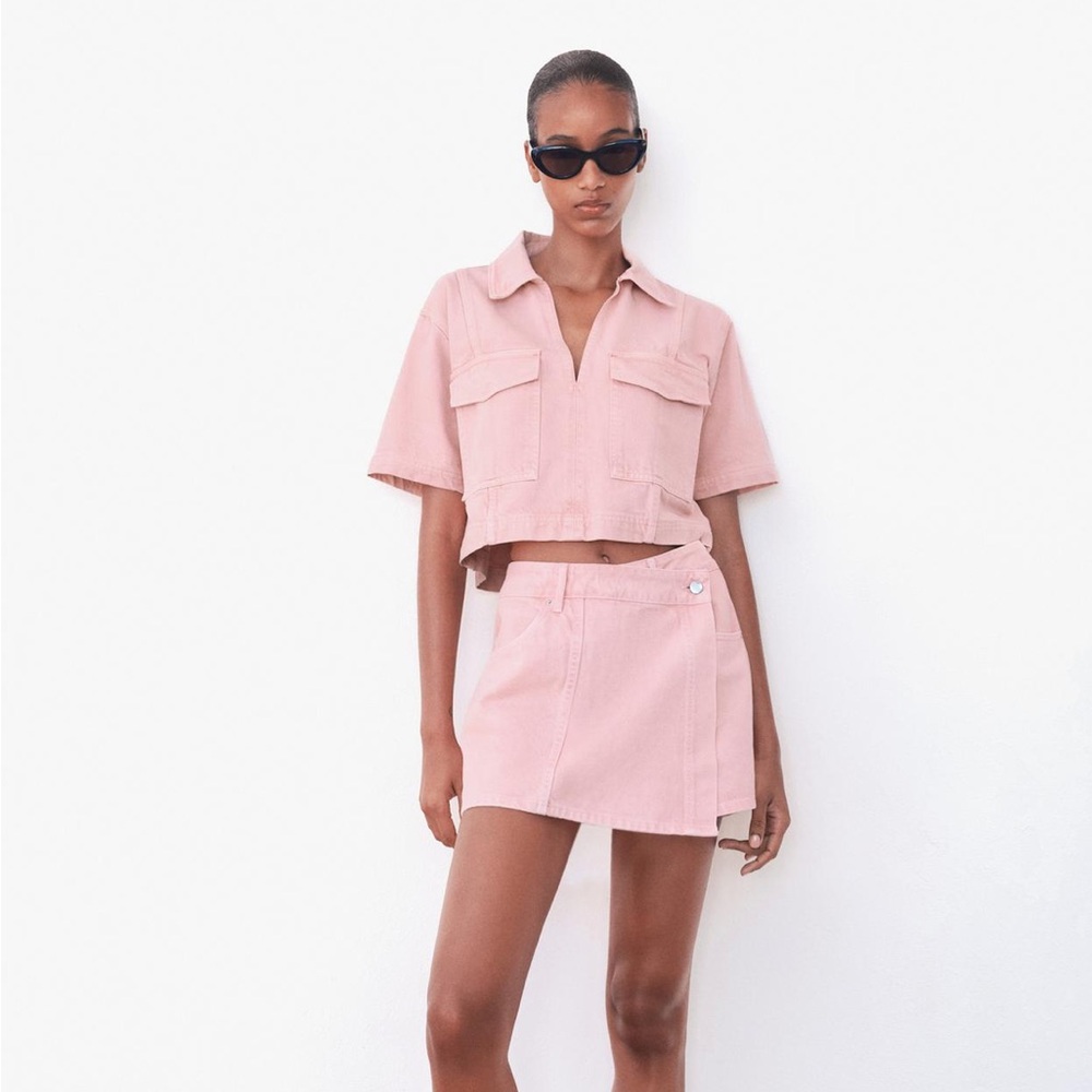 Pink denim skort and crop top set